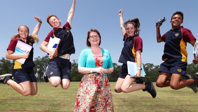 Principal Ms Jodie Hoff with year 9 Students Laurie Cappleman, Zahn Aston, Kyla Upton and Kolbe Echentille at Lords School Pimpama. Photograph: Jason O’Brien.