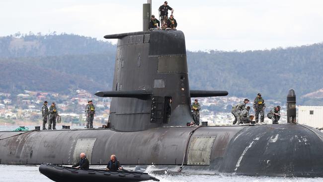 Royal Australian Navy submarine HMAS Waller arrives in Hobart. Picture: NIKKI DAVIS-JONES