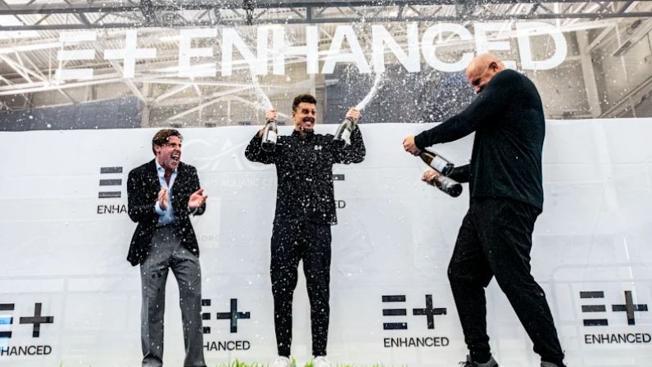 Kristian Gkolomeev beat the 20.91-second world record set by Cesar Cielo with the aid of undisclosed substances and a polyurethane suit. Image: Enhanced Games