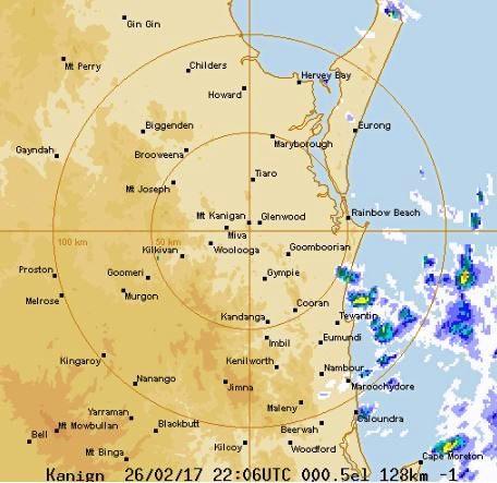 The BoM rain radar shows rain heading for Gympie from the east at 8.15am, Monday. Picture: Contributed