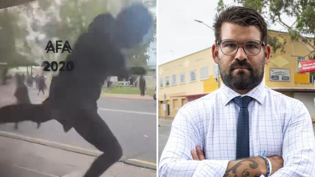 Left: A rioter body slams the glass doors at the Todd Tavern in Alice Springs. Right: Alice Springs Mayor Matt Paterson.