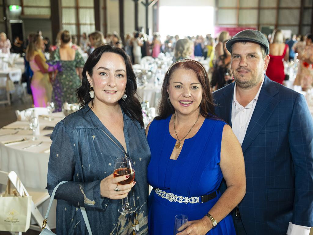 At the Ladies Diamond Luncheon are (from left) Tilly Mykat, Tracy Curless and David Curless hosted by Toowoomba Hospital Foundation at The Goods Shed, Friday, October 11, 2024. Picture: Kevin Farmer