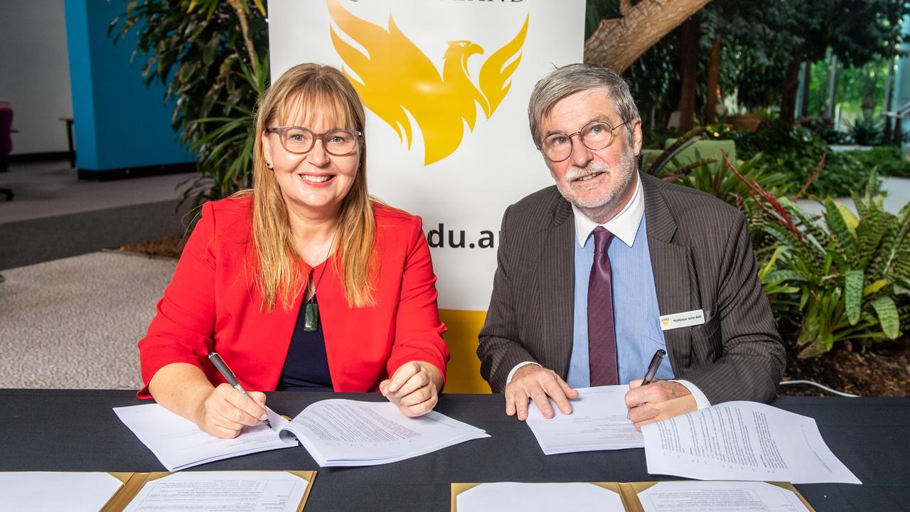 PILOT PROSTATE PROGRAM: At the USQ and West Moreton Hospital and Health Service Prostate Cancer Survivorship program signing and project launch. West Moreton Health chief executive Dr Kerrie Freeman and Professor John Bell, USQ Deputy Vice-Chancellor (Research and Innovation). Picture: Contributed