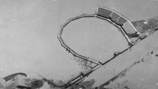 The tennis complex at Kooyong at the height of the December 1934 flood, as captured by a Herald photographer from the air.