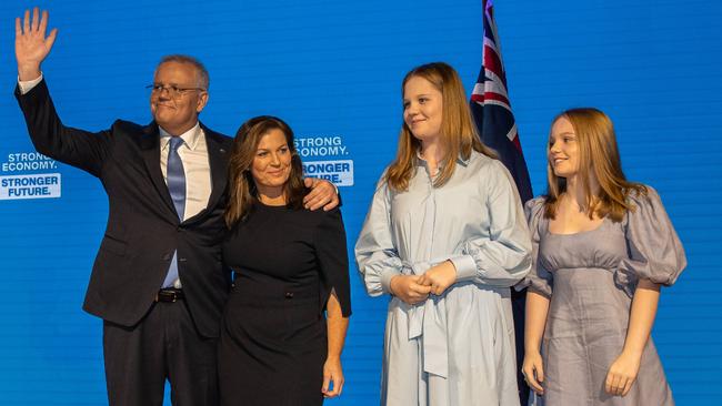 Scott Morrison, wife Jenny and daughters Abbey and Lily at the campaign launch in Brisbane on Sunday. Picture: Jason Edwards