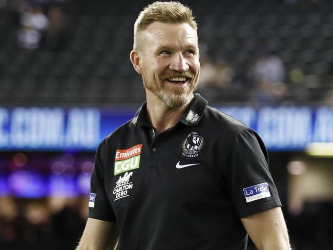 MELBOURNE, AUSTRALIA - MAY 08: Senior Coach Nathan Buckley of the Magpies looks on during the 2021 AFL Round 08 match between the North Melbourne Kangaroos and the Collingwood Magpies at Marvel Stadium on May 08, 2021 in Melbourne, Australia. (Photo by Dylan Burns/AFL Photos via Getty Images)