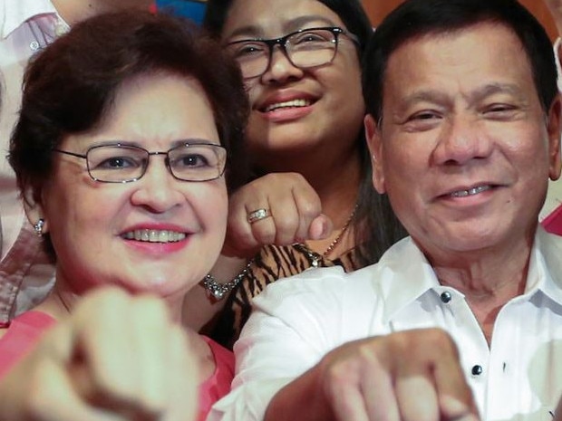 Philippines president Rodrigo Duterte says ex-wife Elizabeth Zimmerman, left, helped cured him of being gay. Picture: Supplied