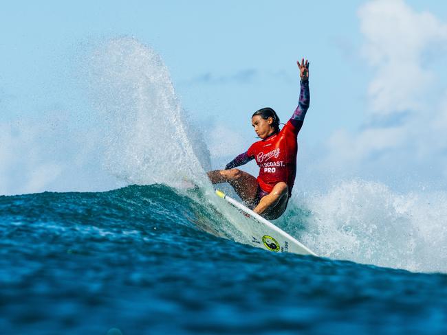 Sally Fitzgibbons of Australia surfs in Heat 8 of the Round of 32 at the Bonsoy Gold Coast Pro on April 29, 2024 at Gold Coast, Queensland, Australia. Picture: Cait Miers/World Surf League