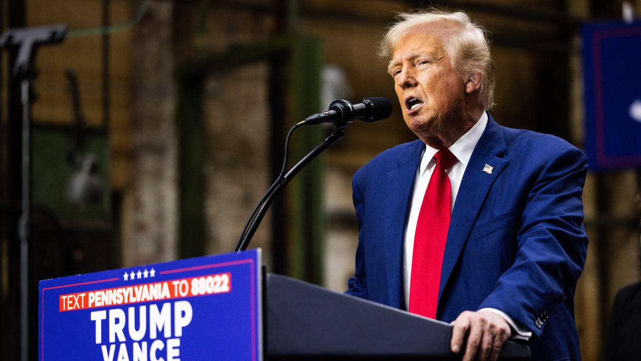 Former president Donald Trump speaks during a campaign event at Precision Custom Components, coinciding with the start of the Democratic National Convention. Picture: AFP