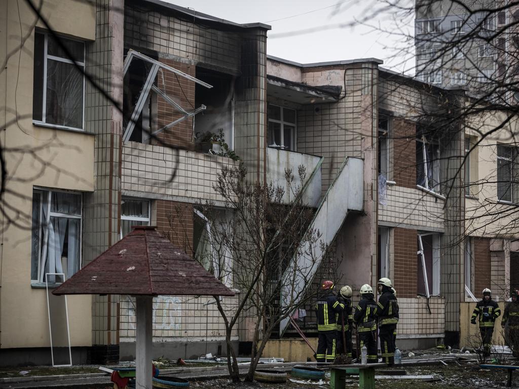 The site of a helicopter crash in Brovary, Ukraine. Picture: Getty Images