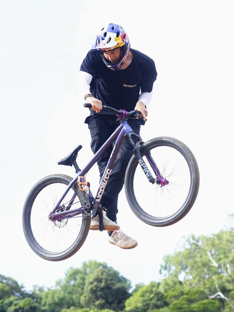 David Godziek practices his moves on the Slopestyle course on Day One of Crankworx Cairns. Picture: Brendan Radke