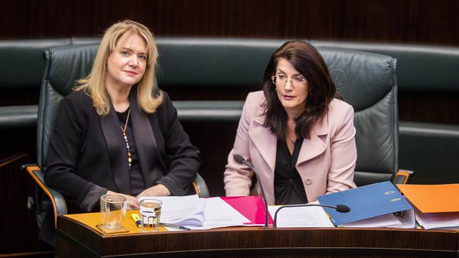 Independent MP Madeleine Ogilvie, left, with Liberal MP Jacquie Petrusma during the debate. Picture: RICHARD JUPE