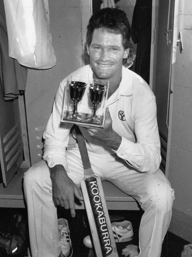 Dean Jones with his man of the match trophy after hitting a double century in the Fifth Test at Adelaide Oval against the West Indies in 1989.