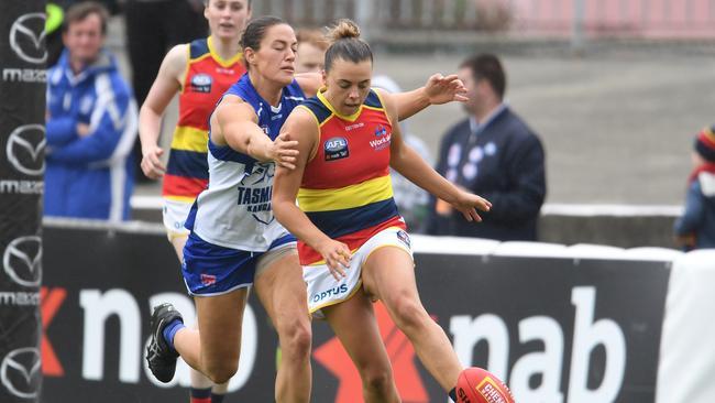 Crows midfielder Ebony Marinoff kicks the ball during the round five AFLW match against North Melbourne. Picture: Steve Bell/Getty Images