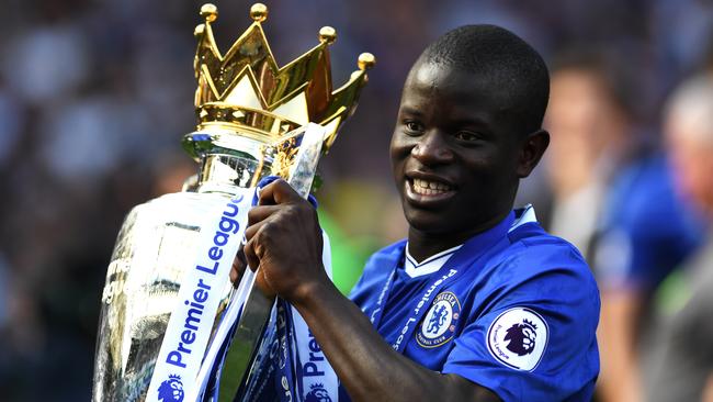 LONDON, ENGLAND - MAY 21: N'Golo Kante of Chelsea celebrates with the Premier League Trophy after the Premier League match between Chelsea and Sunderland at Stamford Bridge on May 21, 2017 in London, England.  (Photo by Shaun Botterill/Getty Images)