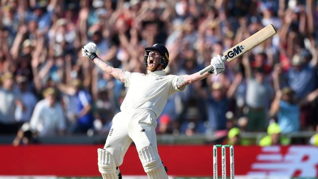 LEEDS, ENGLAND - AUGUST 25: Ben Stokes of England celebrates hitting the winning runs to win the 3rd Specsavers Ashes Test match between England and Australia at Headingley on August 25, 2019 in Leeds, England. (Photo by Gareth Copley/Getty Images)