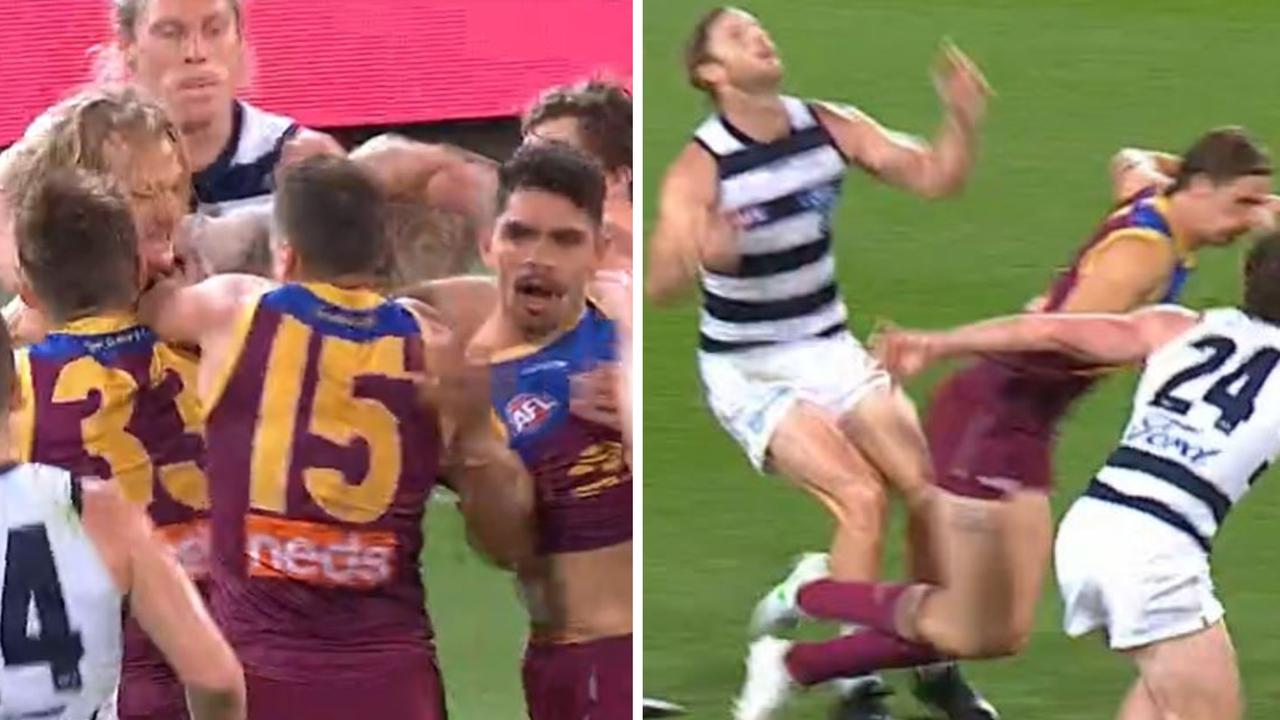 Tensions boiled over in a two-minute patch of Brisbane vs Geelong.