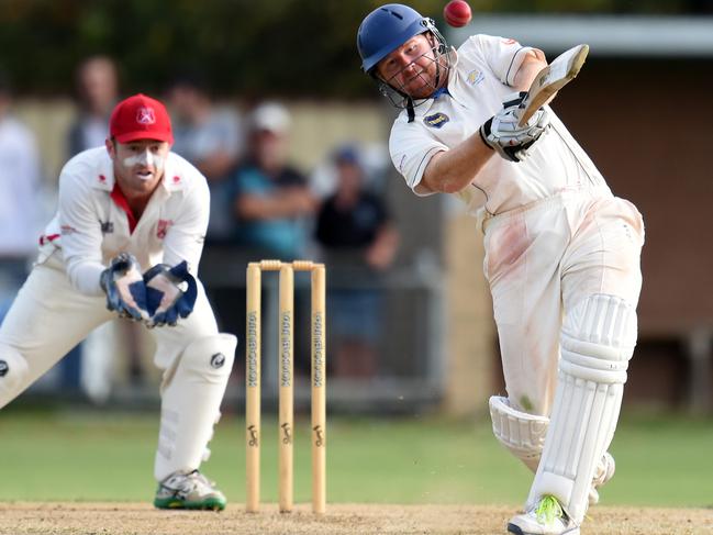 Steve Spoljaric hits a six for Cranbourne. Picture: Jason Sammon