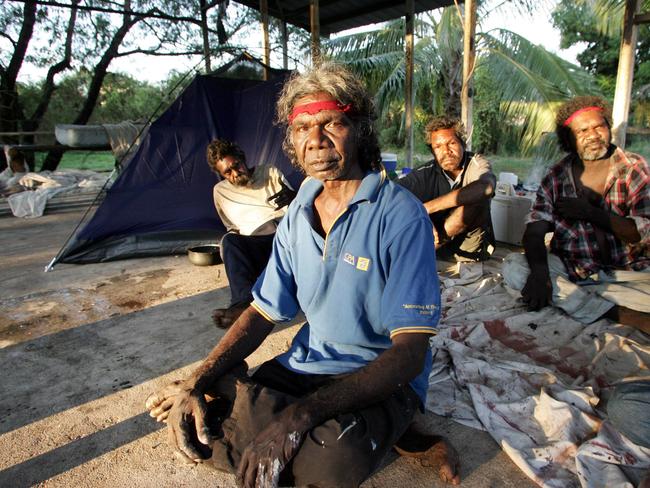 Aboriginal actor / NT Australian of the Year David Gulpilil camped at One Mile Dam in Stuart Park, Darwin after police moved him from his campsite in a public place near Parliament House on the eve of the Northern Territory election 17 Jun 2005. Picture: Geraghty David