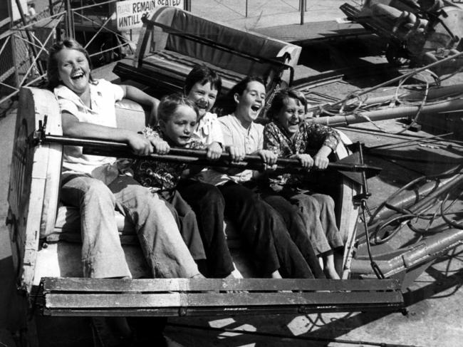 Revellers on The Ski Jump ride at the 1972 Royal Easter Show at Moore Park.