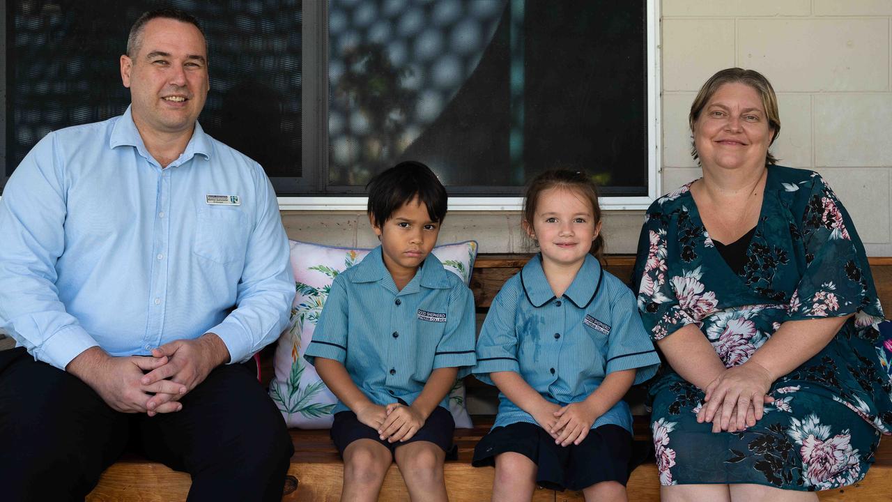 Good Shepherd Lutheran College principal Matthew Qualischefski and head of junior school Vicki Trathen are excited to open a new Early Learning Centre at the Palmerston Campus with Jesse and Mahlia. Picture: Pema Tamang Pakhrin