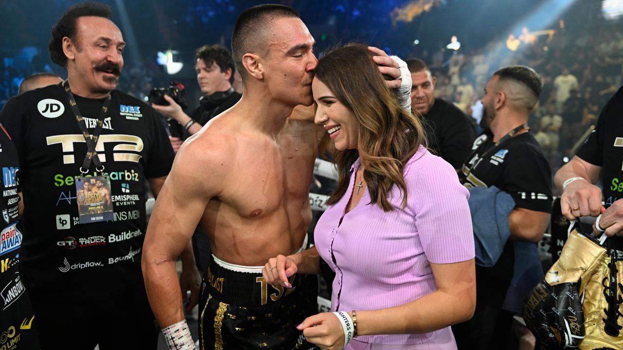 Tim Tszyu with partner Alexandra Constantine after defeating Carlos Ocampo. (Photo by Matt Roberts/mattrimages.com.au/No Limit Boxing)