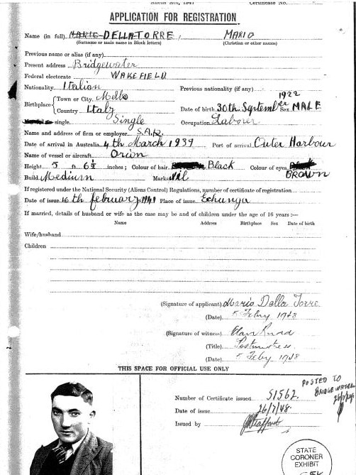 Mario Della Torre’s application for registration as a foreigner living in Australia. Picture: Coroner's Court.