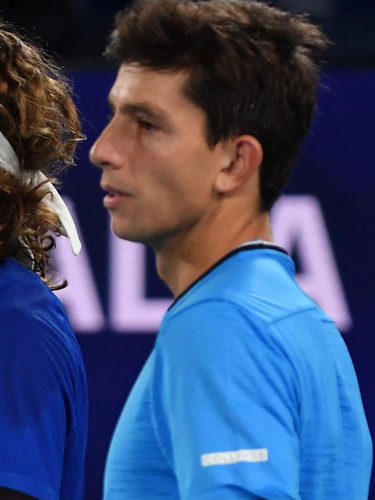 Greece's Stefanos Tsitsipas was in close quarters with Michail Pervolarakis.