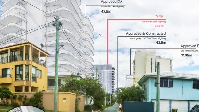 A map submitted by developers for a 13 -level tower at Palm Beach. It shows future heights of buildings approved.