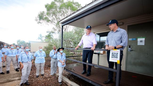 Prime Minister Scott Morrison and NT Chief Minister Michael Gunner during a visit to the Howard Springs Quarantine Facility Picture Glenn Campbell