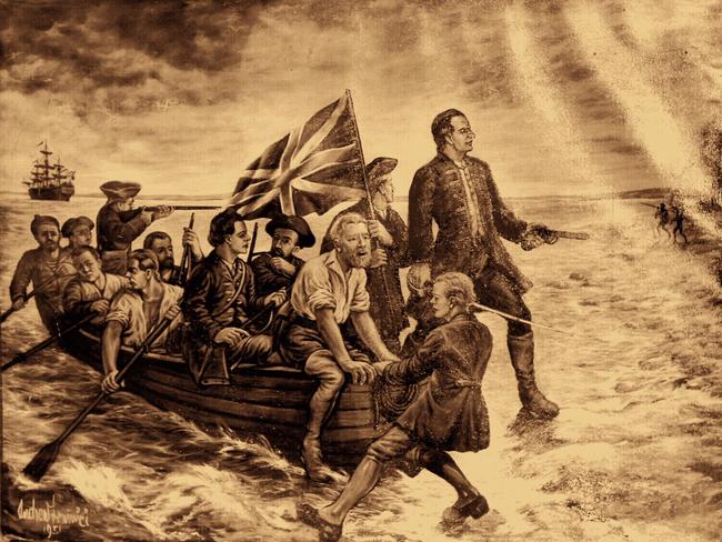 A painting of Captain James Cook and crew members landing in Australia.