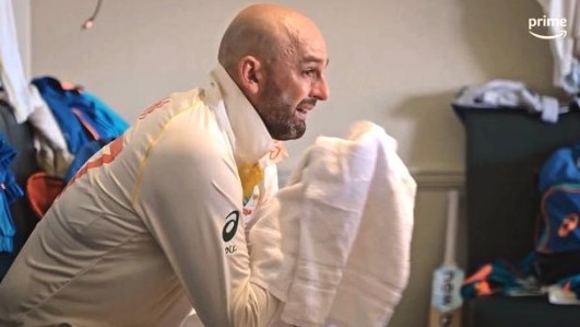 Nathan Lyon broke down after injury his calf. Photo: Amazon Prime Video.