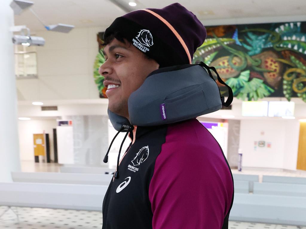 Selwyn Cobbo, Brisbane Broncos return home to Brisbane Airport after losing to the NZ Warriors. Picture: Liam Kidston