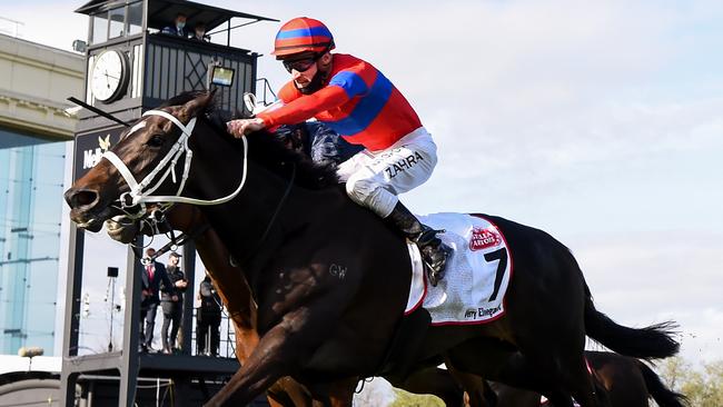 Mark Zahra rides Verry Elleegant to victory in the Caulfield Cup. Picture: Getty Images