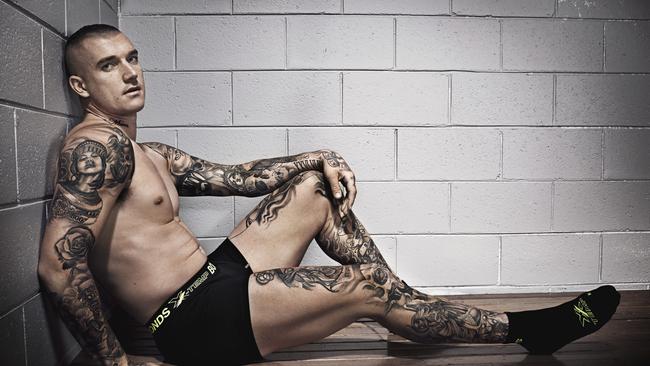 Dustin Martin as he appears in the in the new Bonds X-Temp undies campaign. Bonds owner HanesBrands Inc has called out Australia at the moment as a particularly “difficult” market as consumers pull back spending. Picture: Bonds