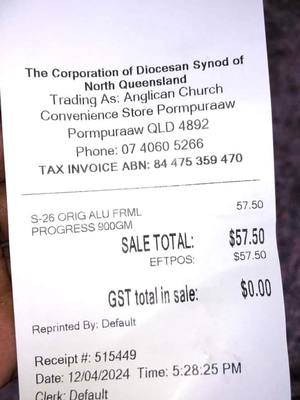 A receipt for baby formula from a store in Pormpuraaw. The same item sells for half the price in Cairns.