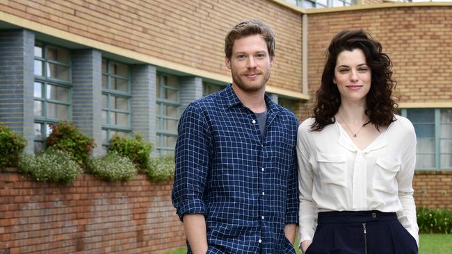 Sam Reid &amp; Jessica de Gouw on set at Adelaide High School, for a new TV series called The Hunting that deals with fallout from teens posting nude photos online. Picture: Bianca De Marchi