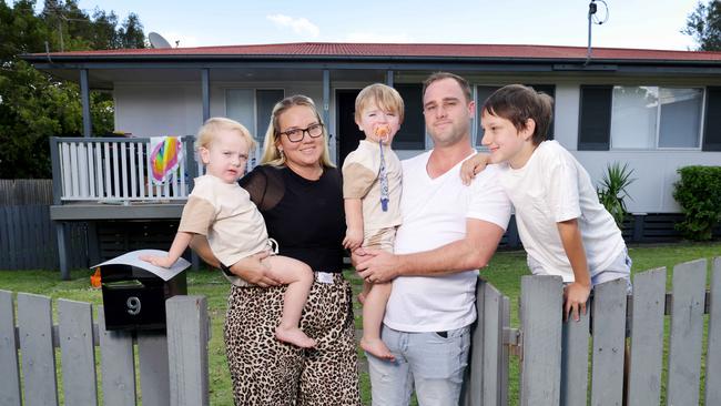 Trent and Samantha Smith and their twin boys, Leo and Luca Smith 2yrs and Hunter Winkler-Booker 11yrs, They were looking to buy in Logan, but ended up in a more affordable Ipswich, at home in One Mile Ipswich  - on Monday 5th May  2025 - Photo Steve Pohlner