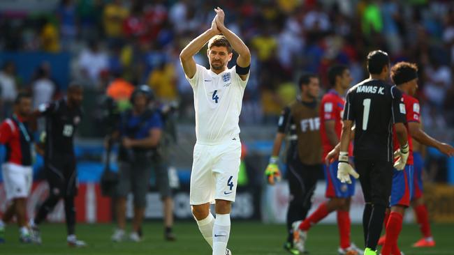 Steven Gerrard of England says goodbye after his final England game.