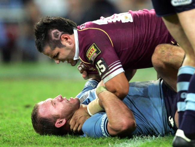 Carl Webb and Luke Bailey clash in 2005. Picture: Darren England