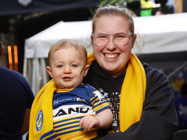 Hannah Cochrane and little Bobby sporting Parra pride. Picture: Richard Dobson