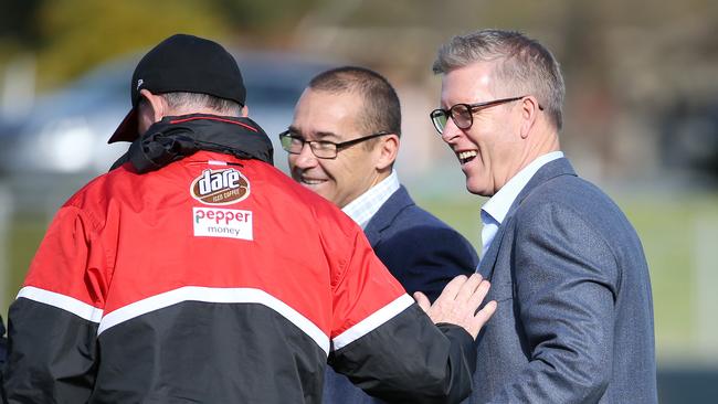 AFL Footy Operations manager Steven Hocking talks with Alan Richardson ahead of last week’s rules trial at St Kilda training. Pic: Michael Klein