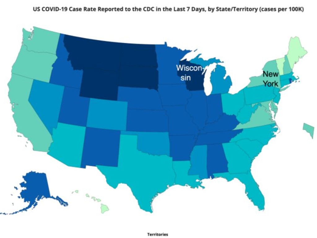 Colder parts of the US have seen higher cases of COVID, as demonstrated by the dark blue on this map.