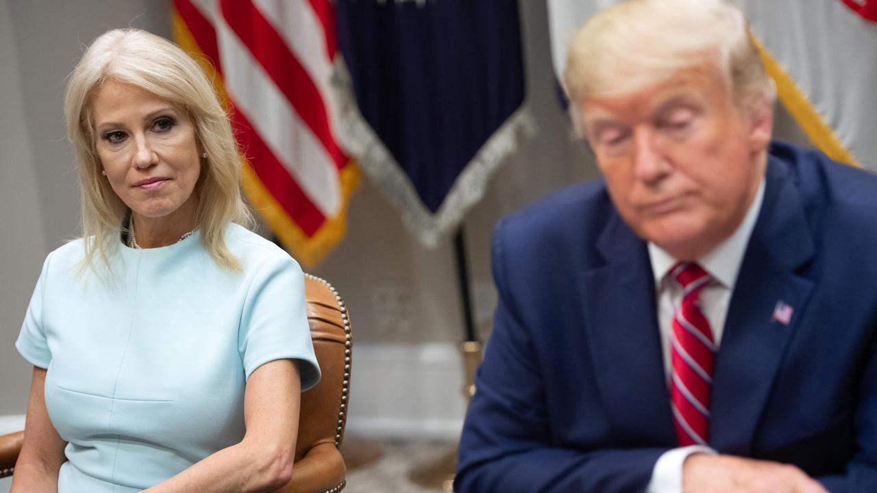 US President Donald Trump sits alongside Conway during a meeting on the opioid epidemic in the Roosevelt Room of the White House in Washington, DC, on June 12, 2019. Picture: AFP