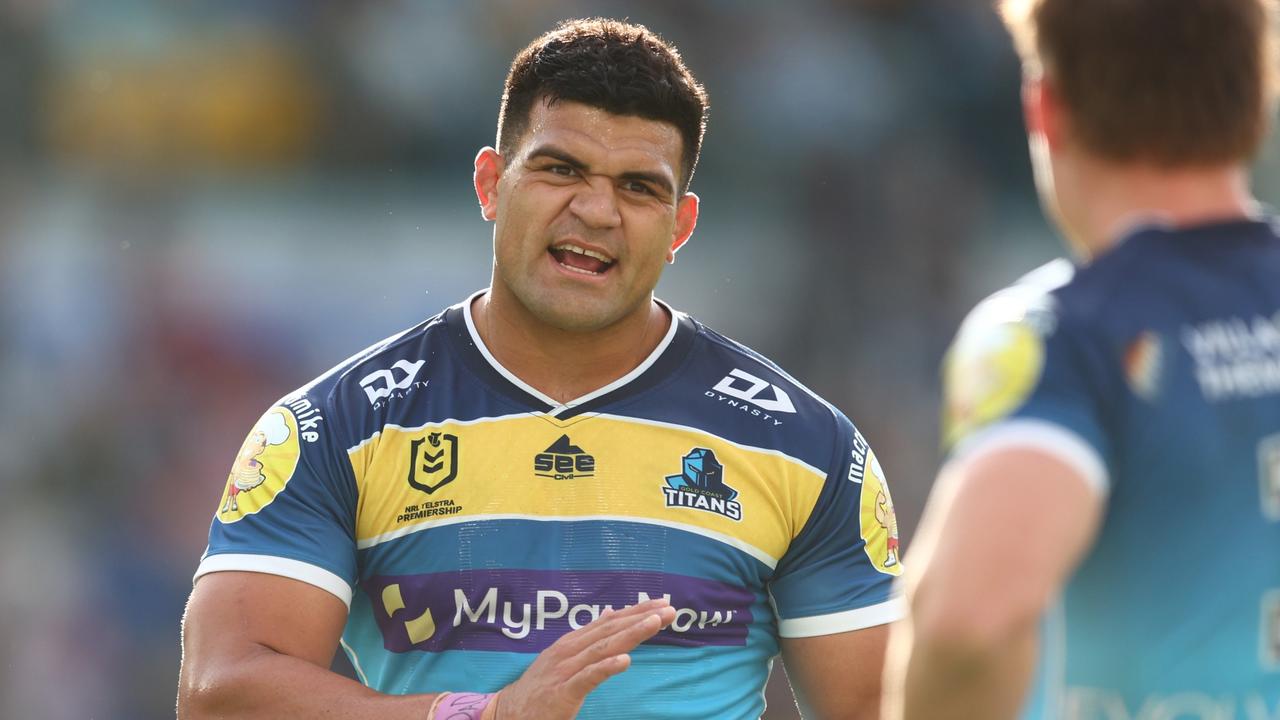 GOLD COAST, AUSTRALIA - JULY 30: David Fifita of the Titans looks on during the round 20 NRL match between the Gold Coast Titans and the Canberra Raiders at Cbus Super Stadium, on July 30, 2022, in Gold Coast, Australia. (Photo by Chris Hyde/Getty Images)