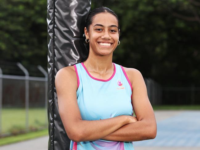 Cairns netballer Ciarn MacBride, 16, has represented Queensland, has been selected for the Future Firebirds Academy, and will play for the Far North Flames in the 2025 Netball Queensland Ruby North League. Picture: Brendan Radke