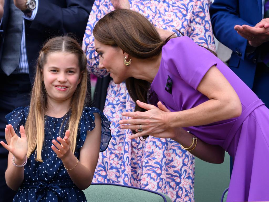 Princess Charlotte of Wales and Catherine, Princess of Wales court-side of Centre Court during the men's final on day fourteen of the Wimbledon Tennis Championships in July. Picture: Karwai Tang/WireImage