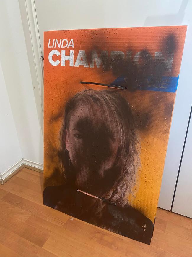 A vandalised campaign sign of Spence One Nation candidate Linda Champion which she says could be a quip at her husband’s 2012 “black face” scandal. Pictures: Supplied