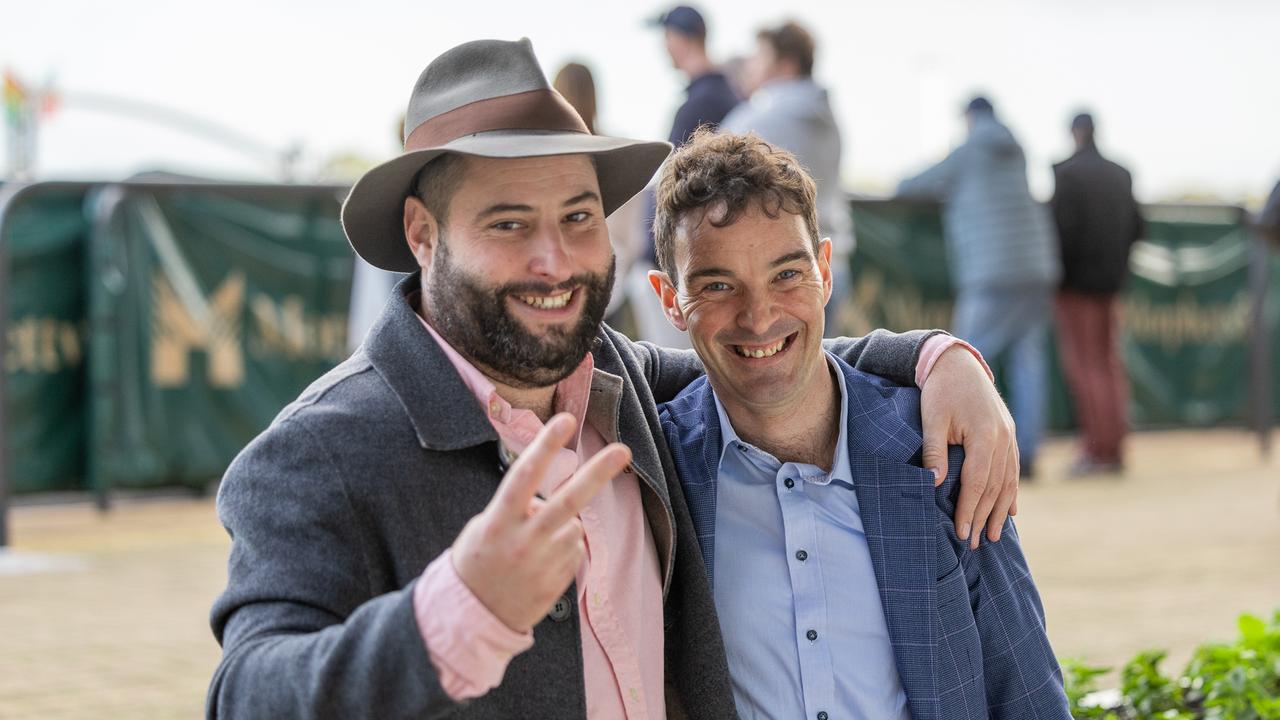 Will Clarken (left) and Niki O'Shea (right) celebrate winning the Adelaide trainers' premiership. Picture: Makoto Kaneko