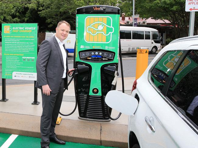 Energy Queensland’s Charles Rattray helped launch the first fast-charging station for the world’s longest electric super highway in one state — at The Esplanade in Cairns. Picture: Justin Brierty